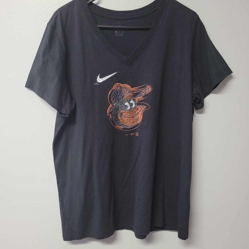 Nike Baltimore Orioles Baseball V-Neck T-Shirt XL Orange Black Swoosh Tee‎